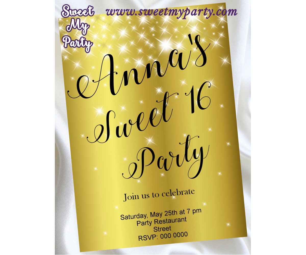 Gold Sparkly Sweet 16 Party Invitation,Gold Sparkly Quinceanera Party Invitation,(12swee)